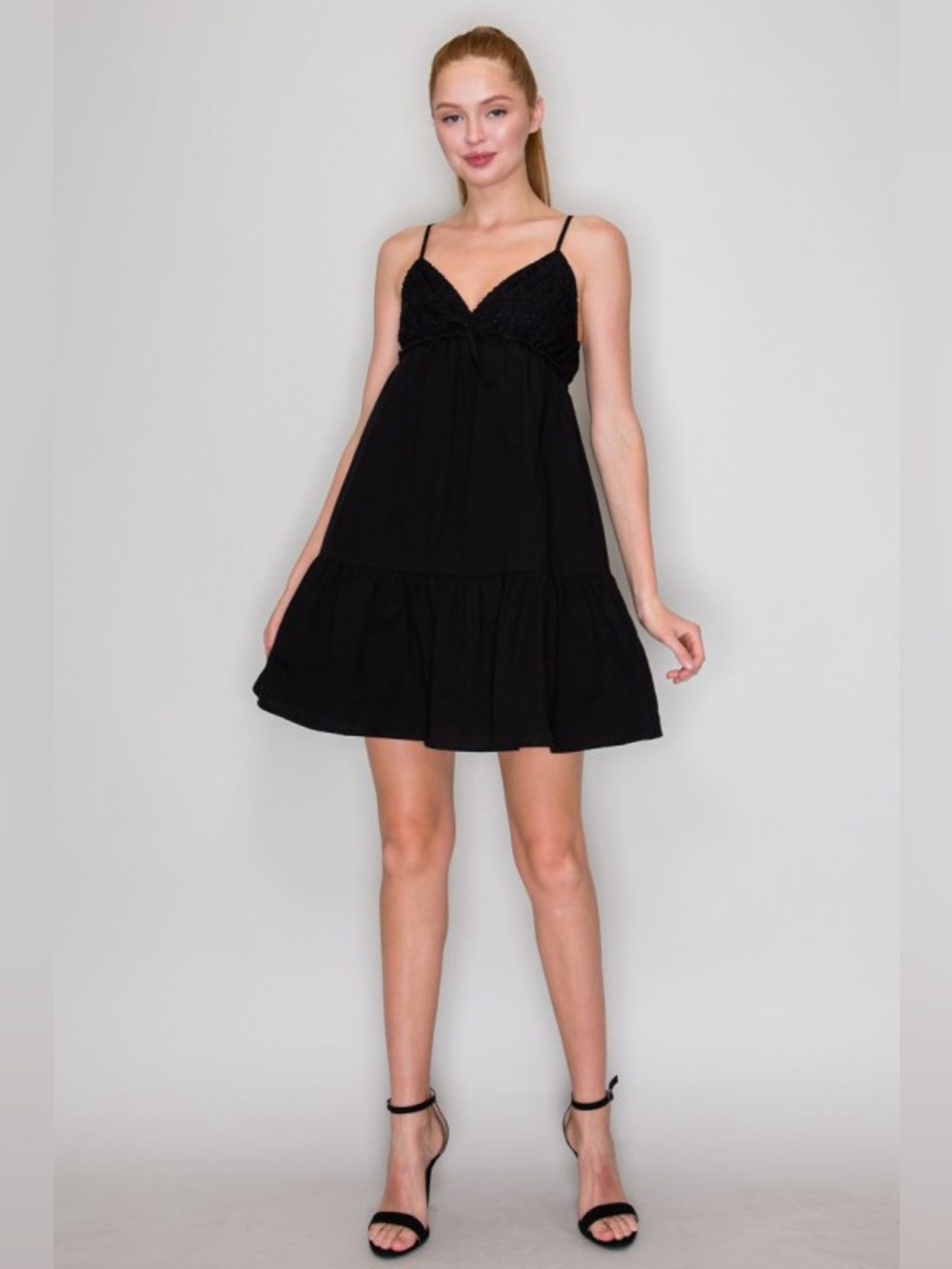 Black Spaghetti-Strap Eyelet Ribbon Babydoll Mini Dress